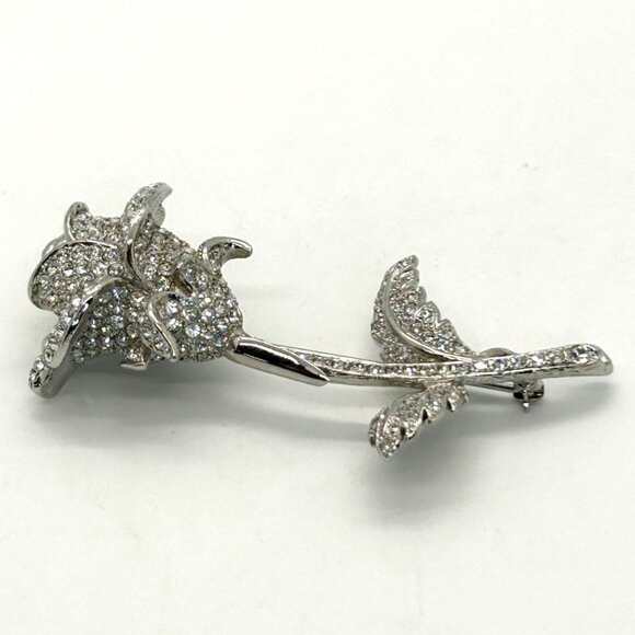 Nolan Miller Rose Brooch, 2002 Anniversary Silver-tone Pave Crystal Rhinestones. - Picture 4 of 16